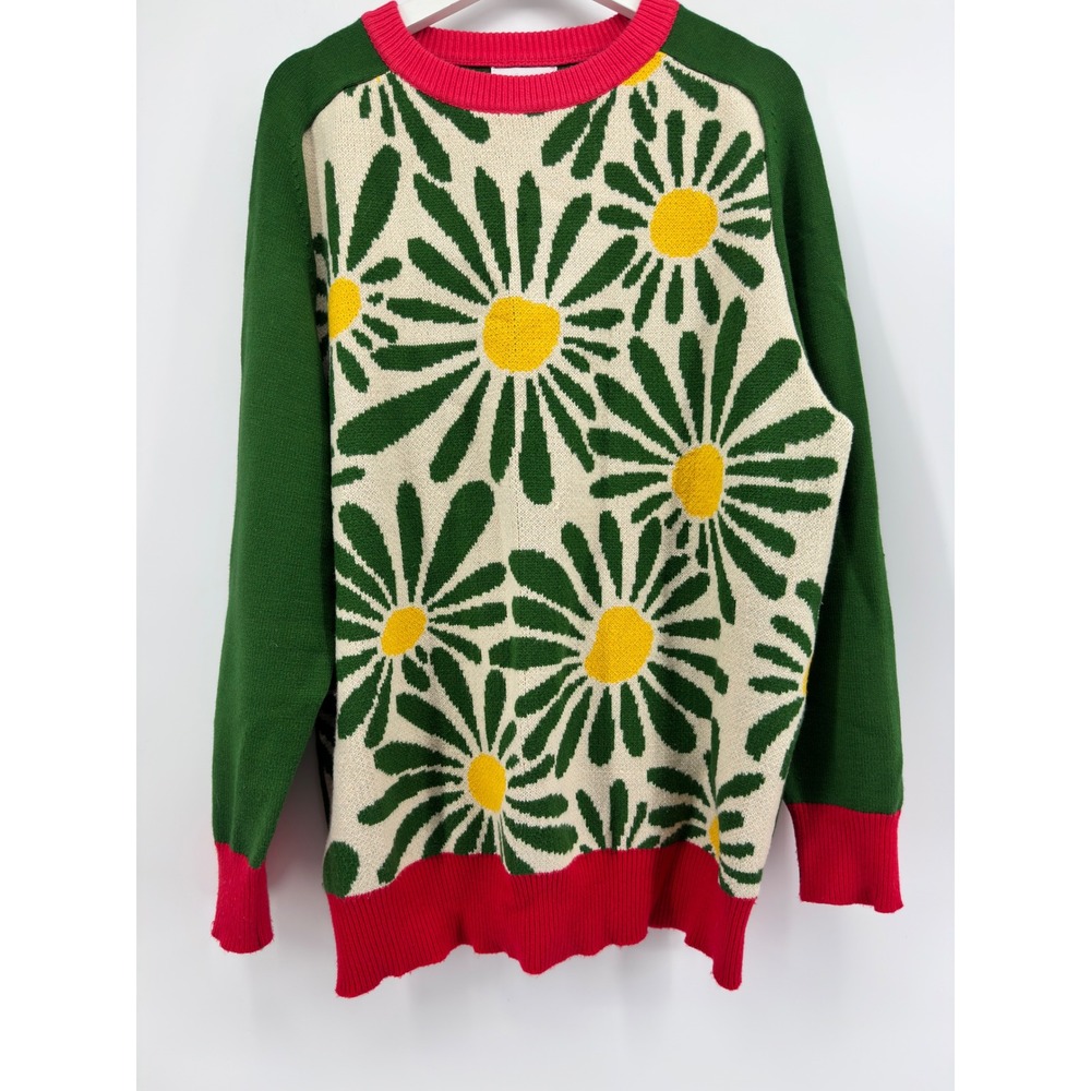 OXKNIT 3XL Floral Daisy Intarsia Crewneck Sweater Green Pink Cotton Blend